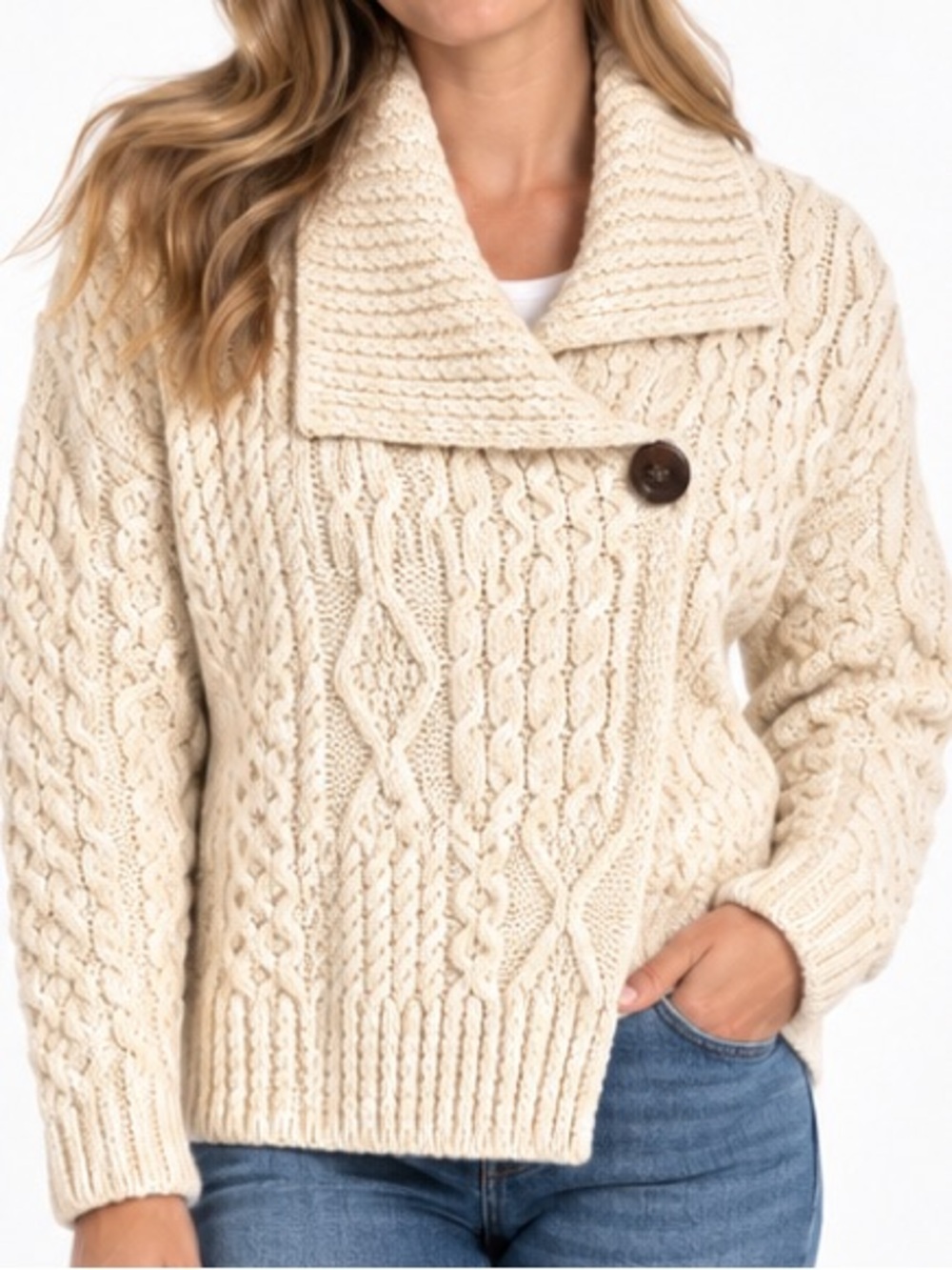 Aran Sweater Market 100% Merino Wool Cable Knit Cardigan Size S